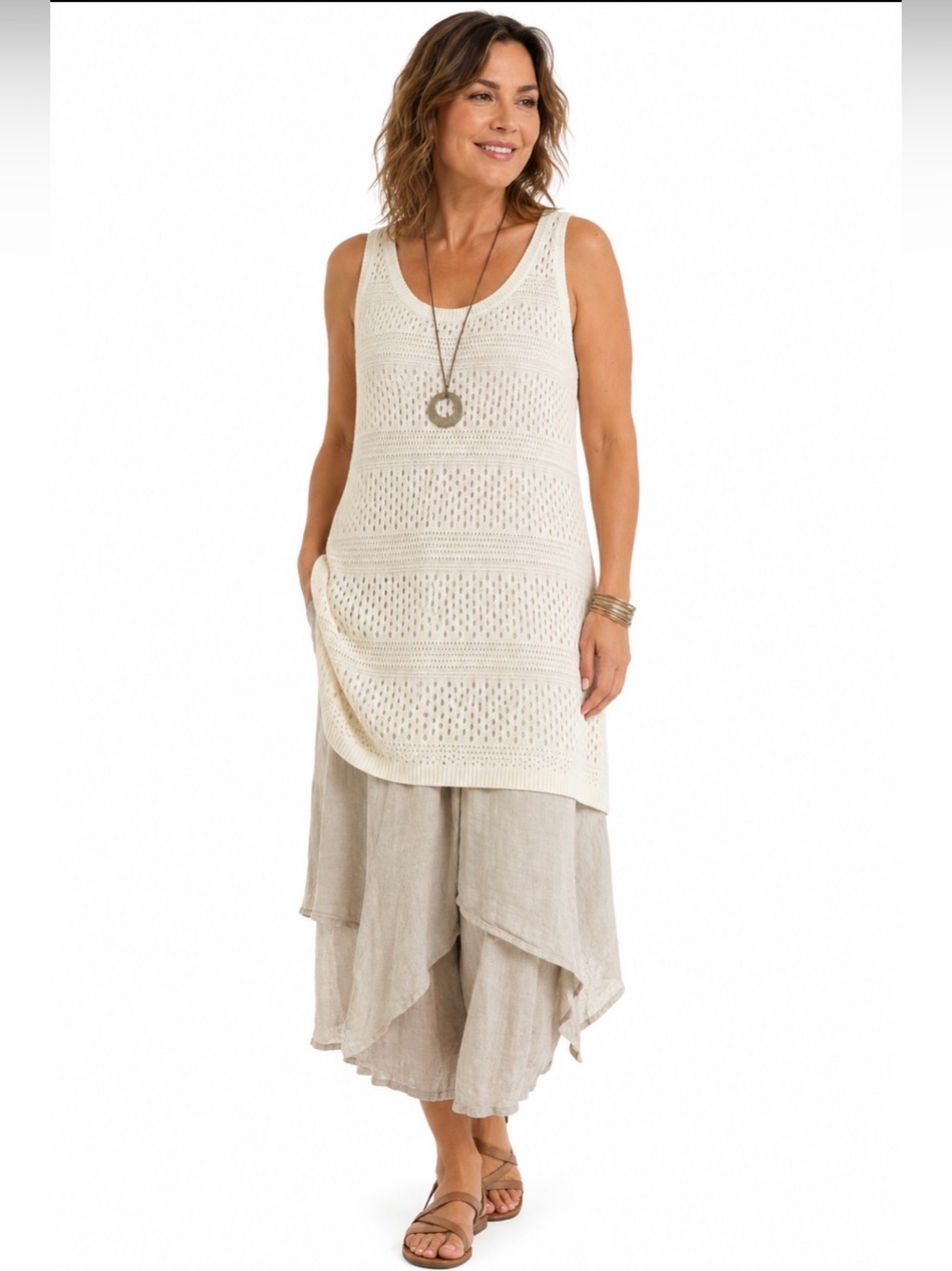 NWT Talisea Cream Open Knit Crochet Sleeveless Sweater Dress Tunic Top Size 20
